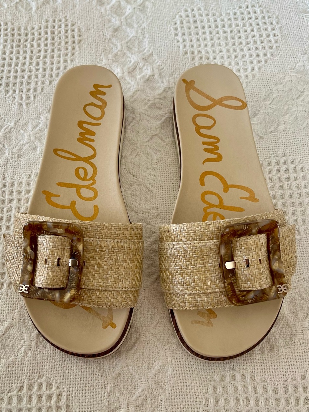 Sam Edelman Ariane Wedge Sandals Raffia Oversized Tortoise Shell Buckle Size 8 - Picture 4 of 15
